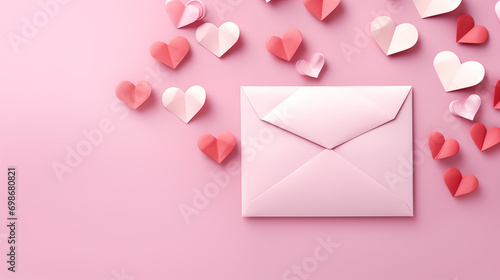 Love letter envelope with paper craft hearts, flat lay on pink valentines or anniversary background with copy space, Ai generated image