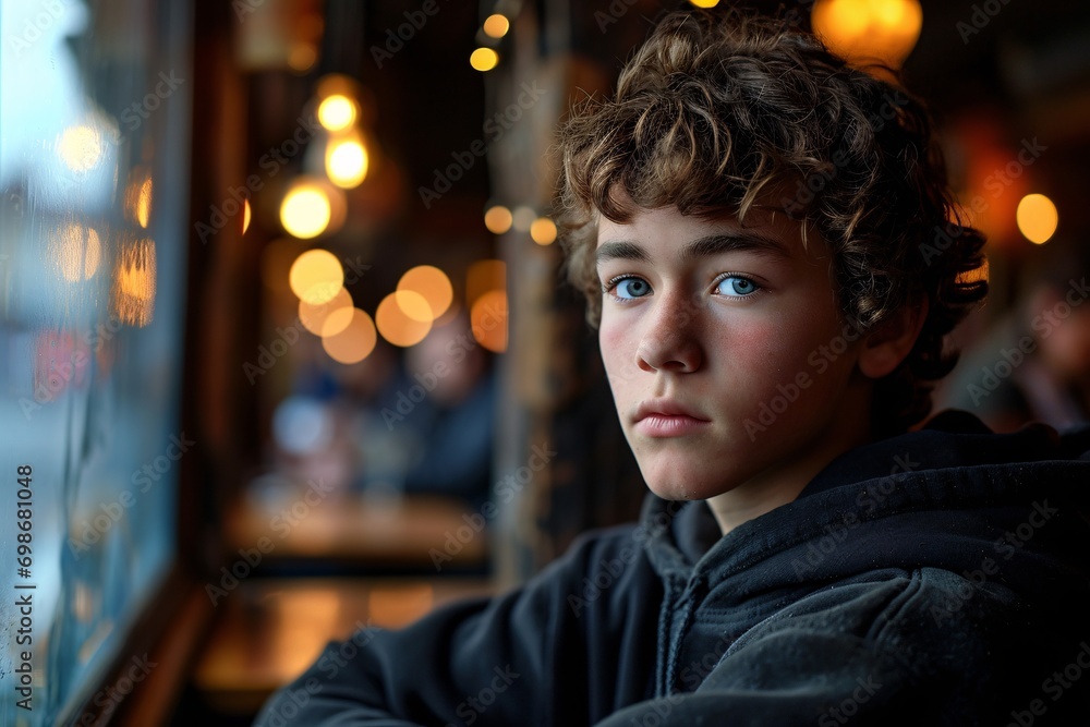 A young man with blue eyes and brown hair sitting at a table in a restaurant A young man with blue eyes and brown hair sitting at a table in a restaurant