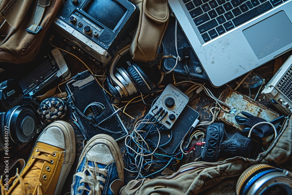 A cluttered workspace with a laptop, cell phone, and various electronic equipment - obrazy, fototapety, plakaty 