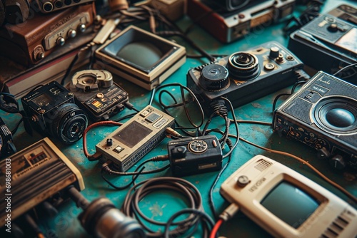 A collection of old electronic devices and cameras. photo
