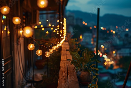 A beautiful night view of a city from a balcony with lights and plants © Mandeep