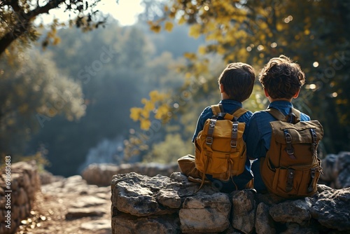 Two boys sitting on a rock with backpacks photo
