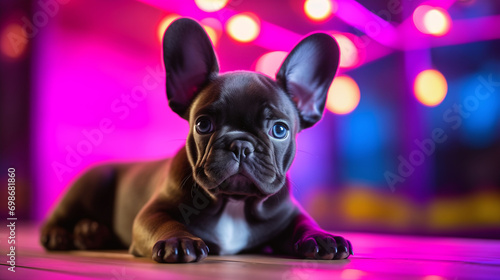 little cute black dog lying on the floor. Neon lights background, blue, pink, yelliw lights bokeh. Christmas party concept photo