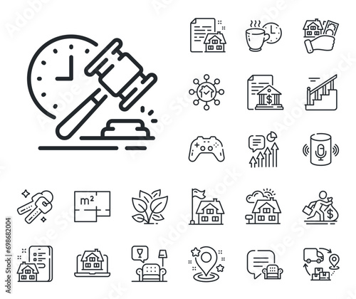 Bid offer sign. Floor plan, stairs and lounge room outline icons. Auction hammer line icon. Lot was sold symbol. Auction hammer line sign. House mortgage, sell building icon. Real estate. Vector