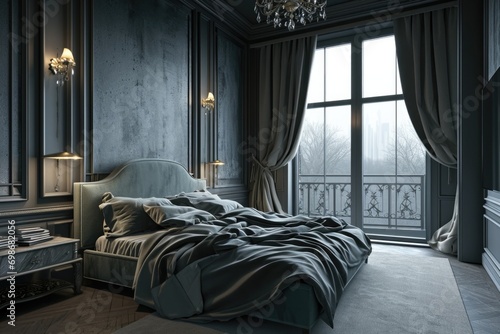 Sophisticated Luxury: A Spacious and Stylish Bedroom Interior with Balcony View