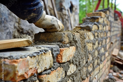 Skilled Bricklayer at Work: Creating a Solid Brick and Stone Wall for Architectural Project