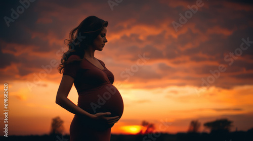 Silhouette of a pregnant woman standing on a hill in the afternoon