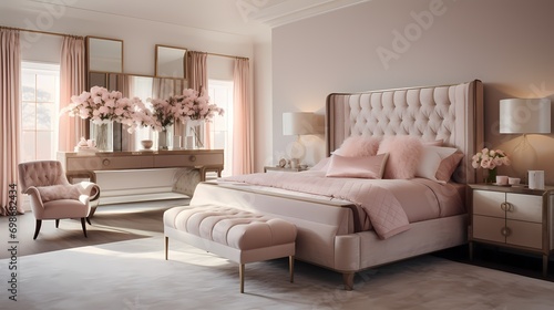 A sophisticated bedroom with blush pink accents, a tufted bed, mirrored nightstands, and a luxurious vanity area with soft, flattering lighting. © design master