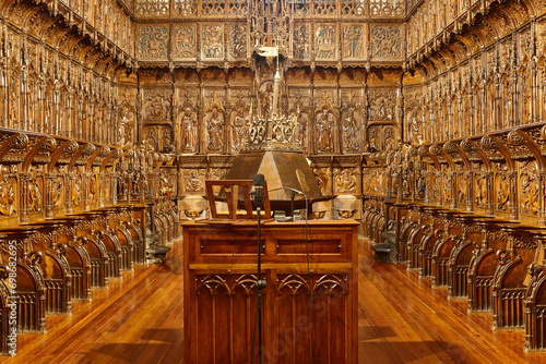 Cathedral interior in Zamora. Religious wooden choir stalls. Castilla León photo