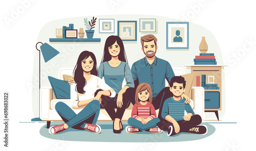 happy family mother father and kids at home living room indoor sofa illustration