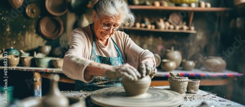 Happy elderly white woman sculptor creating clay pot on pottery wheel, representing small business, entrepreneurship, home hobby, entertainment, leisure in art studio.