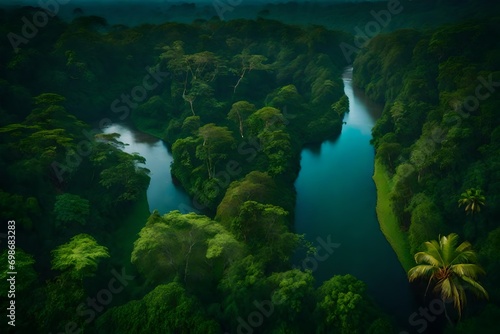 Aerial photo of river in amazon rainforest jungle in