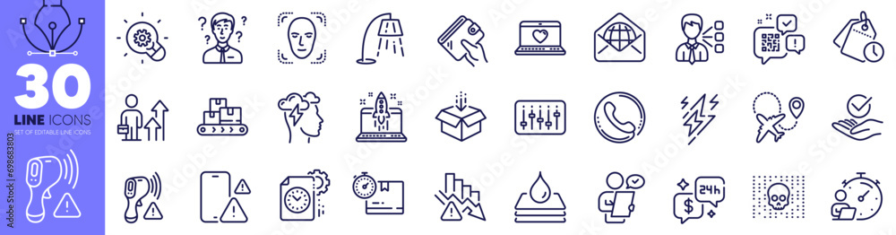 Third party, Waterproof and Approved line icons pack. Cardboard box, Web love, Electronic thermometer web icon. Call center, Airplane, Web mail pictogram. Support consultant, Consulting. Vector Third party, Waterproof and Approved line icons pack. Cardboard box, Web love, Electronic thermometer web icon. Call center, Airplane, Web mail pictogram. Support consultant, Consulting. Vector