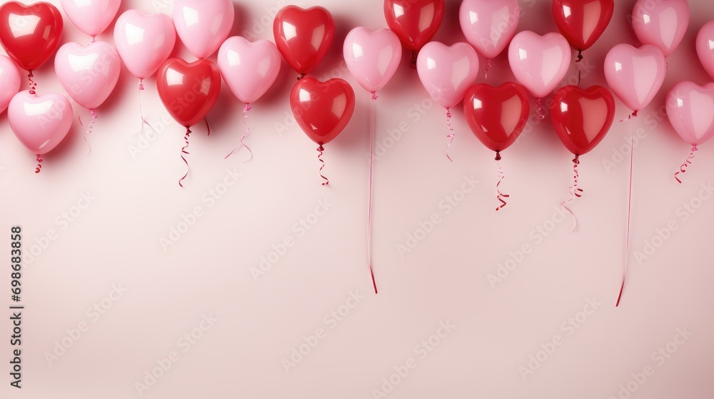 Valentine's Day background with red heart-shaped balloons floating on white background. Valentine's Day background with red heart-shaped balloons floating on white background.