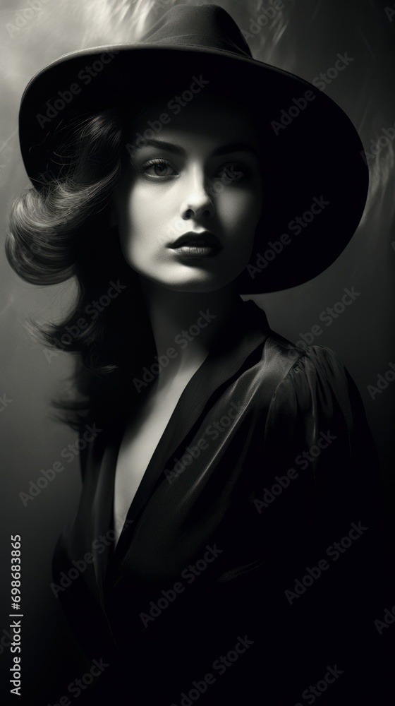 vertical portrait in black and white of a young woman brunette with long hair of European appearance in a noir style in a dress and hat. concept vintage, retro, magazine, fashion, vertical portrait in black and white of a young woman brunette with long hair of European appearance in a noir style in a dress and hat. concept vintage, retro, magazine, fashion,