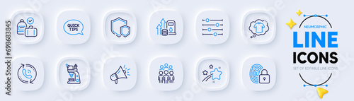 Call center, Shields and Megaphone line icons for web app. Pack of Carry-on baggage, Quickstart guide, Filter pictogram icons. Lock, Group people, T-shirt signs. Fuel price, Microscope. Vector