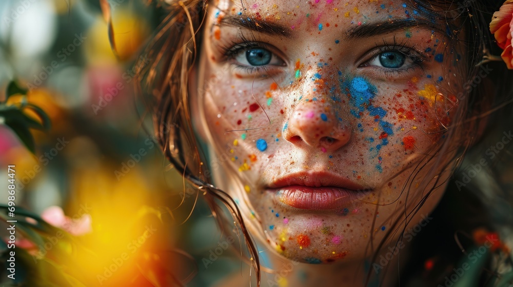 Captivating Portrait of a Woman with Mesmerizing Blue Eyes and Vibrant Makeup