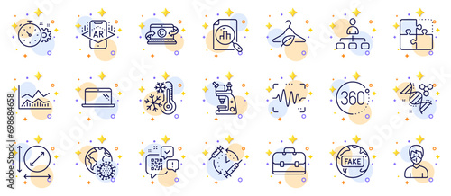 Outline set of Voice wave, Vaccination schedule and Management line icons for web app. Include Trade infochart, 360 degrees, Chemistry dna pictogram icons. Freezing, Coronavirus pandemic. Vector