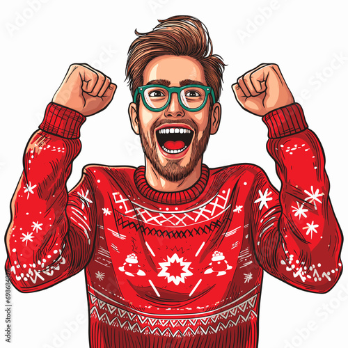 Happy guy in a red sweater with a pattern on a white background, vector in minimalism, pop art