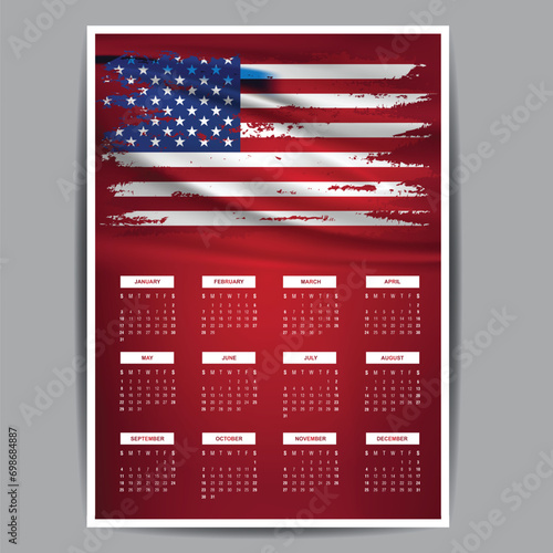 The calendar week starts Monday Corporate design template American flag with American theme color all month Illustration.