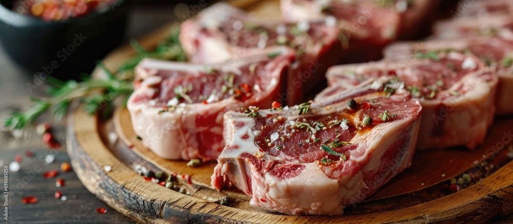 Slices of uncooked lamb on a wooden plate.