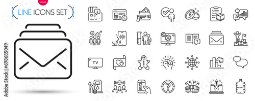 Pack of Cooler bottle, Medical analyzes and Chat message line icons. Include Business statistics, Instruction manual, Wedding rings pictogram icons. Tv, Start business, Seo statistics signs. Vector photo