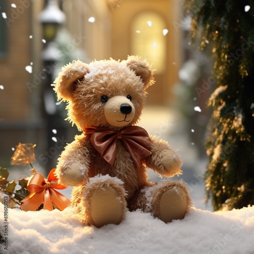 An isolated teddy bear with a festive holiday bow, exuding a sense of joy and warmth in a delightful setting. © Teddy Bear