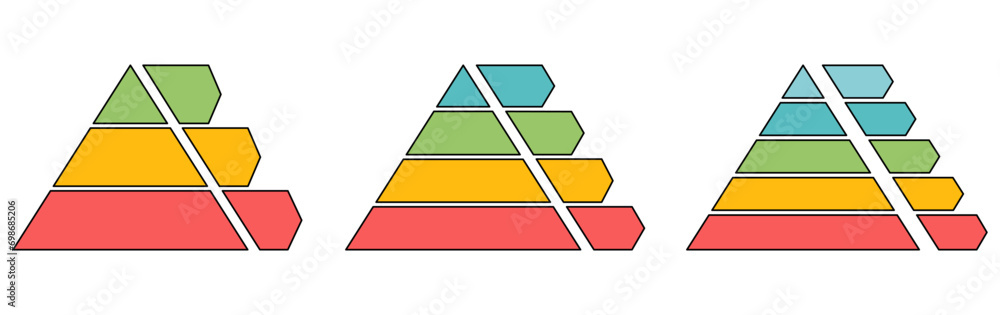 Colorful pyramid infographic templates collection. Triangle hierarchy data segments set. Vector illustration isolated on white. Colorful pyramid infographic templates collection. Triangle hierarchy data segments set. Vector illustration isolated on white.