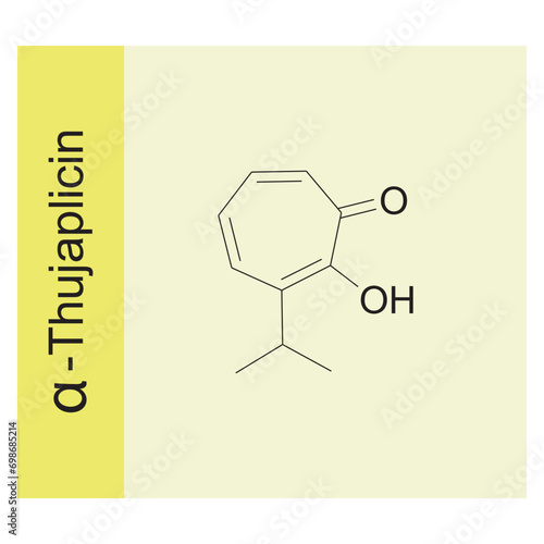 α-Thujaplicin skeletal structure diagram.Monoterpenoid compound molecule scientific illustration on yellow background.