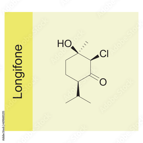 Longifone skeletal structure diagram.Monoterpenoid compound molecule scientific illustration on yellow background. photo