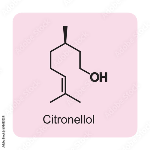 Citronellol skeletal structure diagram.Monoterpenoid compound molecule scientific illustration on pink background.