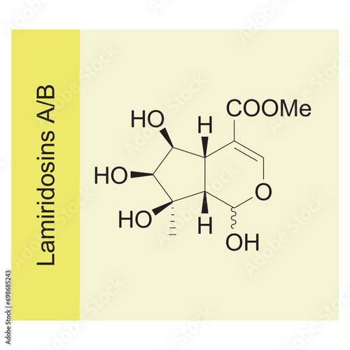 Lamiridosins A/B skeletal structure diagram.Monoterpenoid compound molecule scientific illustration on yellow background.