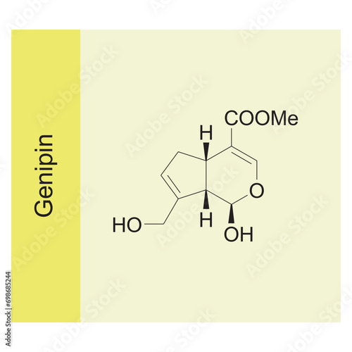 Genipin skeletal structure diagram.Monoterpenoid compound molecule scientific illustration on yellow background.