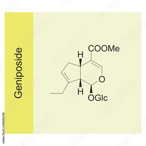 Geniposide skeletal structure diagram.Monoterpenoid compound molecule scientific illustration on yellow background.