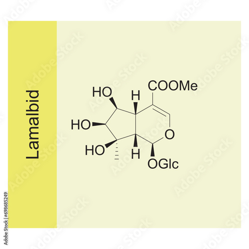 Lamalbid skeletal structure diagram.Monoterpenoid compound molecule scientific illustration on yellow background.