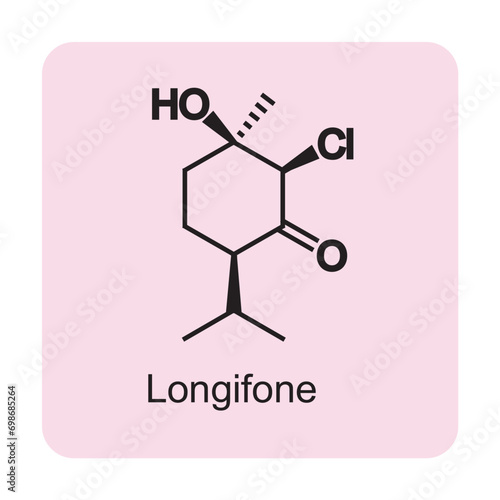 Longifone skeletal structure diagram.Monoterpenoid compound molecule scientific illustration on pink background.