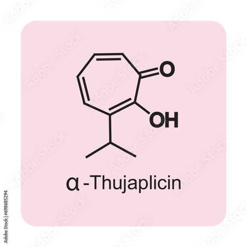 α-Thujaplicin skeletal structure diagram.Monoterpenoid compound molecule scientific illustration on pink background.