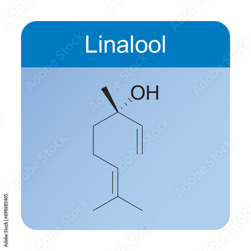 Linalool skeletal structure diagram.Monoterpenoid compound molecule scientific illustration on blue background.