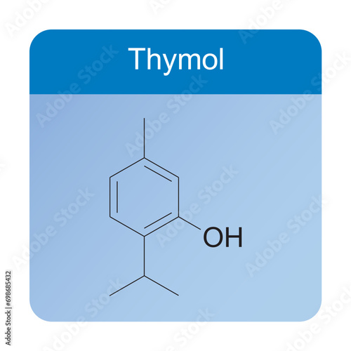 Thymol skeletal structure diagram.Monoterpenoid compound molecule scientific illustration on blue background.
