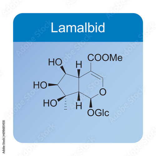 Lamalbid skeletal structure diagram.Monoterpenoid compound molecule scientific illustration on blue background.