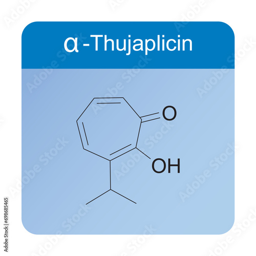 α-Thujaplicin skeletal structure diagram.Monoterpenoid compound molecule scientific illustration on blue background.