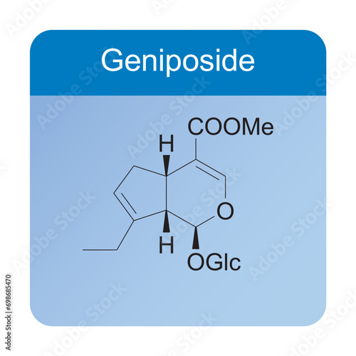 Geniposide skeletal structure diagram.Monoterpenoid compound molecule scientific illustration on blue background.