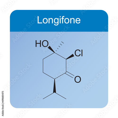 Longifone skeletal structure diagram.Monoterpenoid compound molecule scientific illustration on blue background.