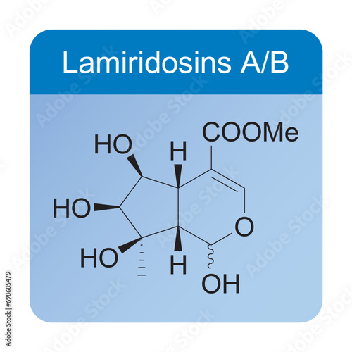 Lamiridosins A/B skeletal structure diagram.Monoterpenoid compound molecule scientific illustration on blue background.