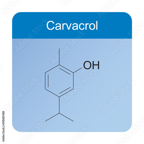 Carvacrol skeletal structure diagram.Monoterpenoid compound molecule scientific illustration on blue background.