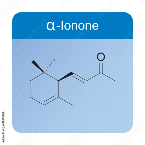 α-Ionone skeletal structure diagram.Monoterpenoid compound molecule scientific illustration on blue background.
