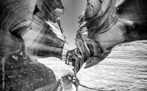 Black and white view of Antelope Canyon. Abstract background. Travel and nature concept.