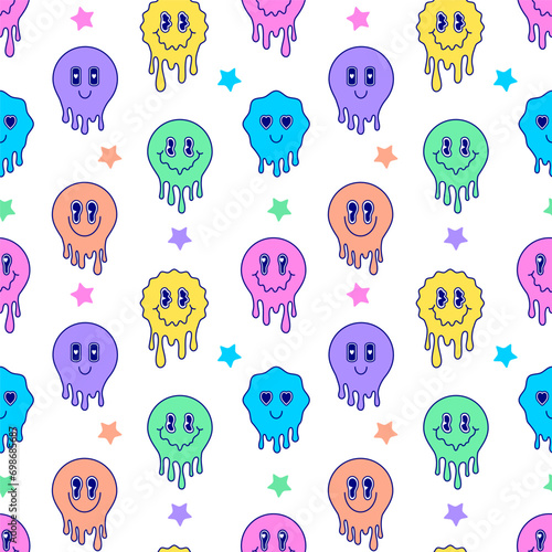 Seamless pattern with colorful melting emoticons on white background.