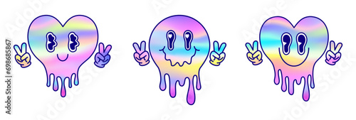 Set of melting hearts and melting emoticon in cartoon style.