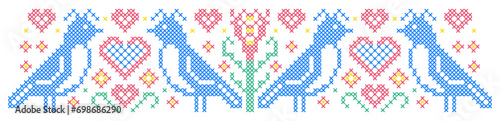 Vintage pattern with birds hearts and flowers in cross stitch style on white background.